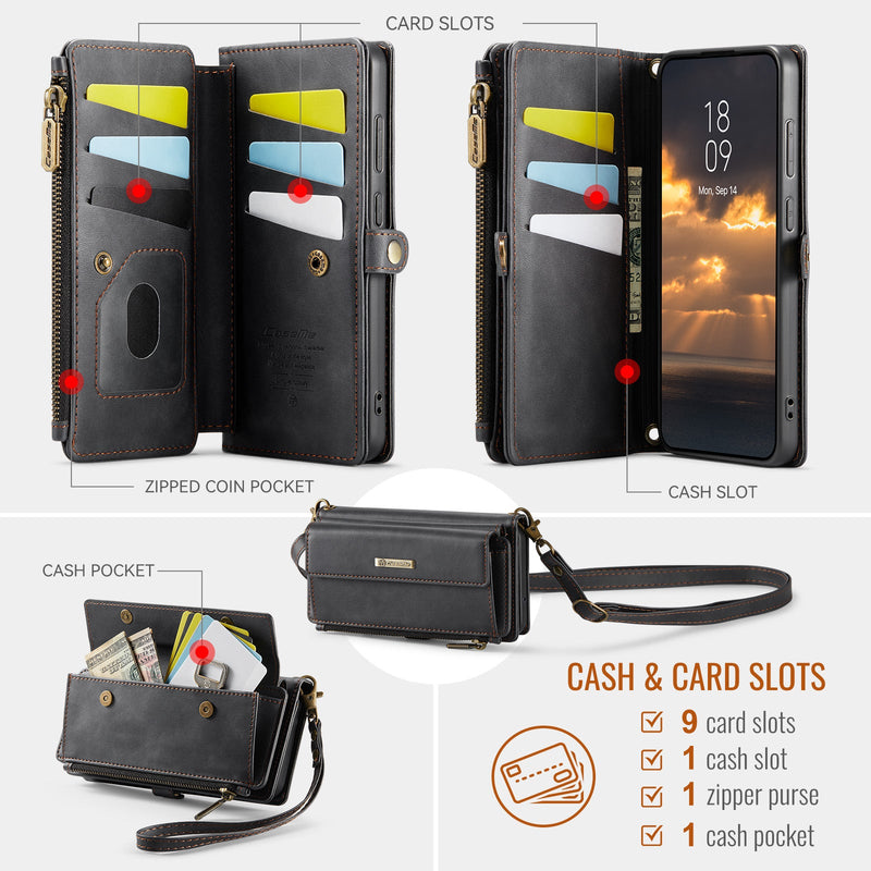 Samsung Galaxy S23 Crossbody Case with Strap, Card Slots & Zipper Pocket [Black]