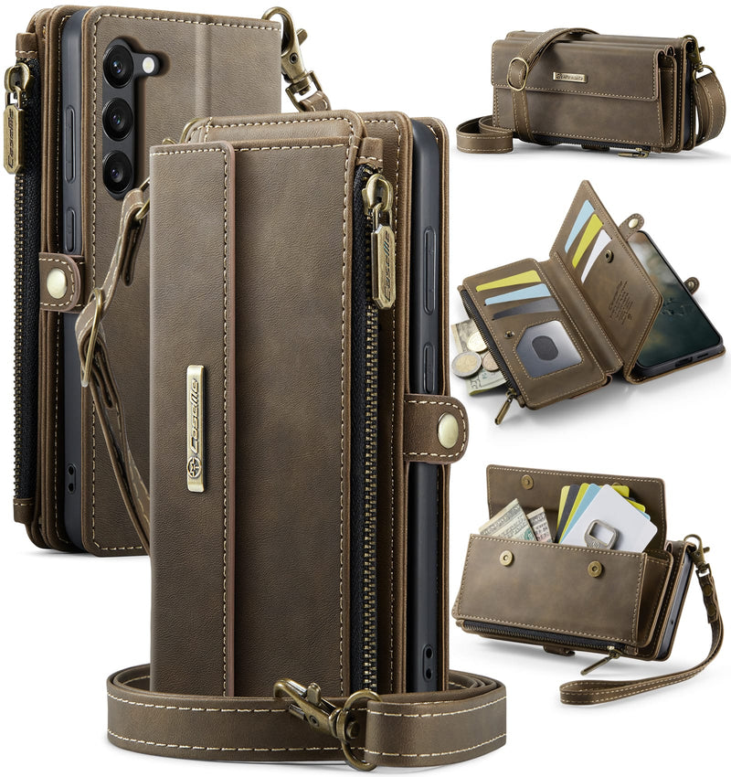 Samsung Galaxy S23 Plus Crossbody Case with Strap, Card Slots & Zipper Pocket [Coffee]