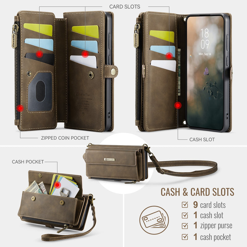 Samsung Galaxy S23 Crossbody Case with Strap, Card Slots & Zipper Pocket [Coffee]