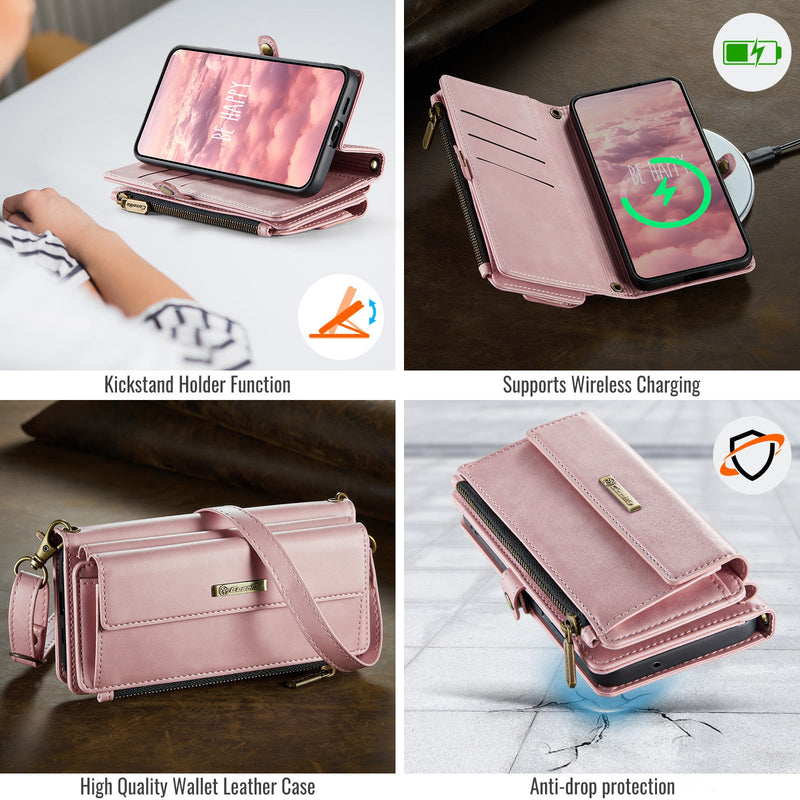 Samsung Galaxy S23 Crossbody Case with Strap, Card Slots & Zipper Pocket [Pink]