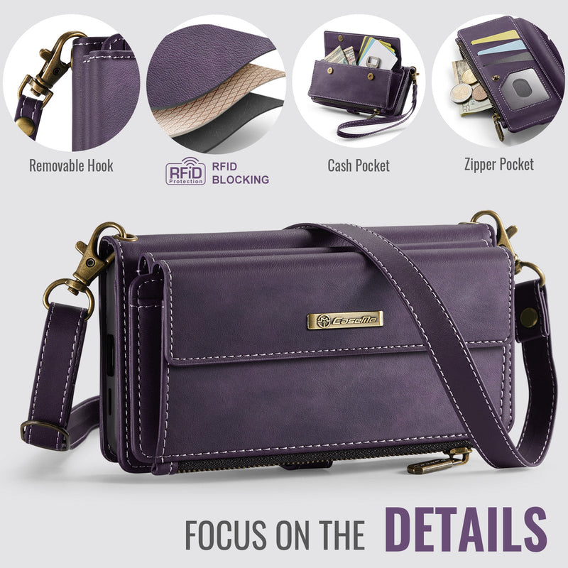 Samsung Galaxy S23 Crossbody Case with Strap, Card Slots & Zipper Pocket [Purple]