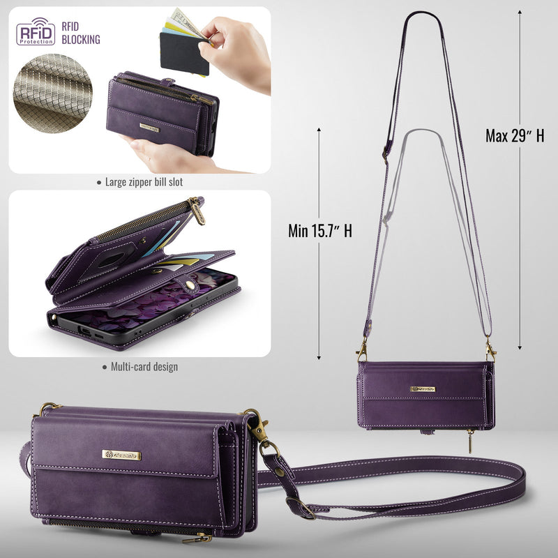 Samsung Galaxy S23 Crossbody Case with Strap, Card Slots & Zipper Pocket [Purple]