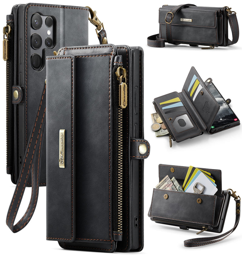 Samsung Galaxy S23 Ultra Crossbody Case with Strap, Card Slots & Zipper Pocket [Black]