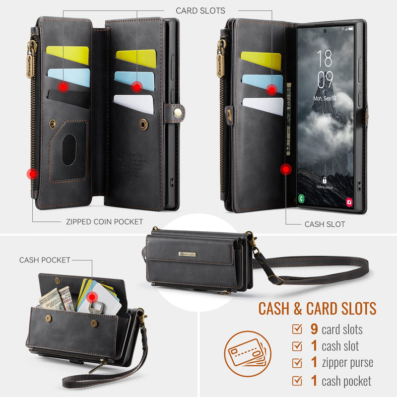 Samsung Galaxy S23 Ultra Crossbody Case with Strap, Card Slots & Zipper Pocket [Black]