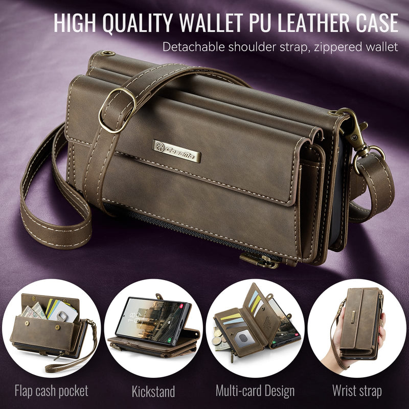 Samsung Galaxy S23 Ultra Crossbody Case with Strap, Card Slots & Zipper Pocket [Coffee]