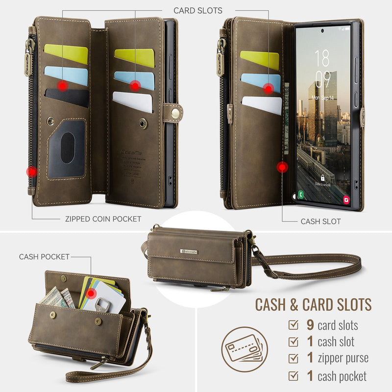 Samsung Galaxy S23 Ultra Crossbody Case with Strap, Card Slots & Zipper Pocket [Coffee]