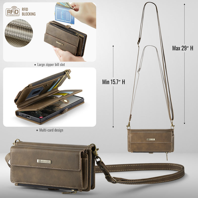 Samsung Galaxy S23 Ultra Crossbody Case with Strap, Card Slots & Zipper Pocket [Coffee]
