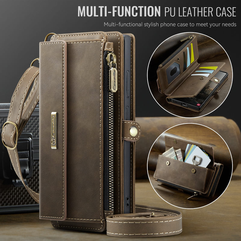 Samsung Galaxy S23 Ultra Crossbody Case with Strap, Card Slots & Zipper Pocket [Coffee]