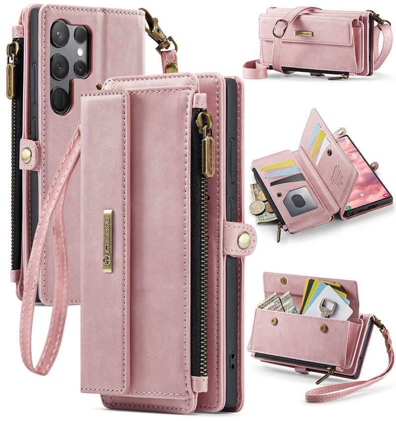 Samsung Galaxy S23 Ultra Crossbody Case with Strap, Card Slots & Zipper Pocket [Pink]