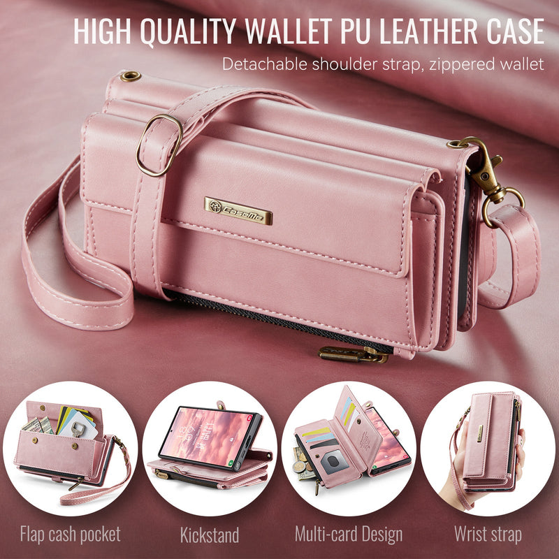 Samsung Galaxy S23 Ultra Crossbody Case with Strap, Card Slots & Zipper Pocket [Pink]