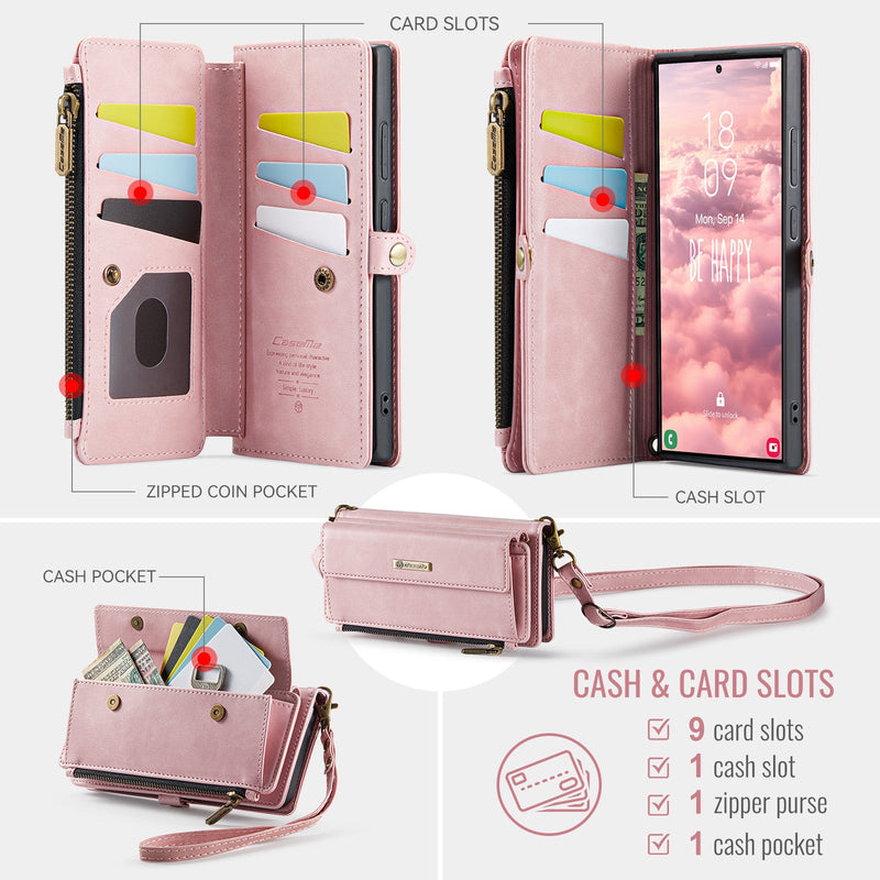 Samsung Galaxy S23 Ultra Crossbody Case with Strap, Card Slots & Zipper Pocket [Pink]