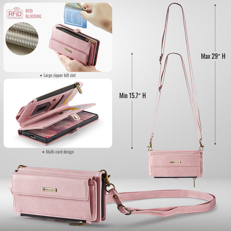 Samsung Galaxy S23 Ultra Crossbody Case with Strap, Card Slots & Zipper Pocket [Pink]