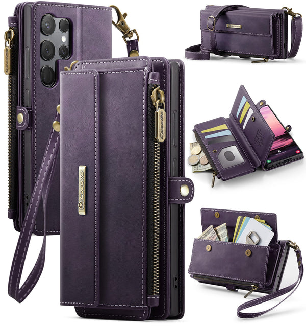 Samsung Galaxy S23 Ultra Crossbody Case with Strap, Card Slots & Zipper Pocket [Purple]