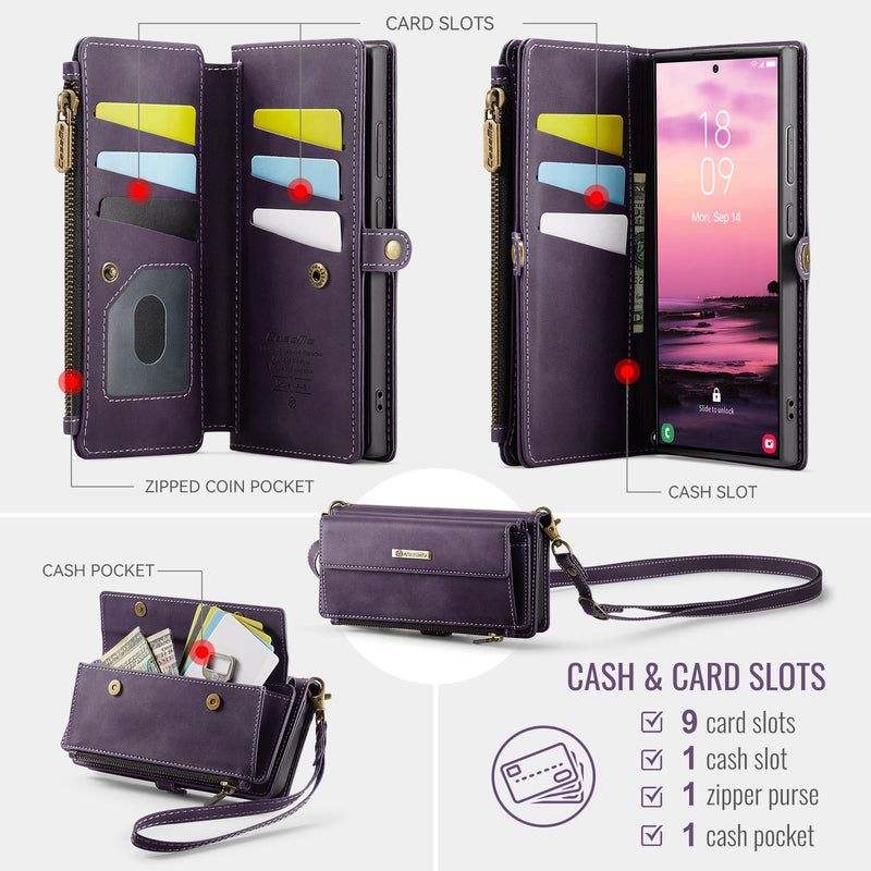 Samsung Galaxy S23 Ultra Crossbody Case with Strap, Card Slots & Zipper Pocket [Purple]