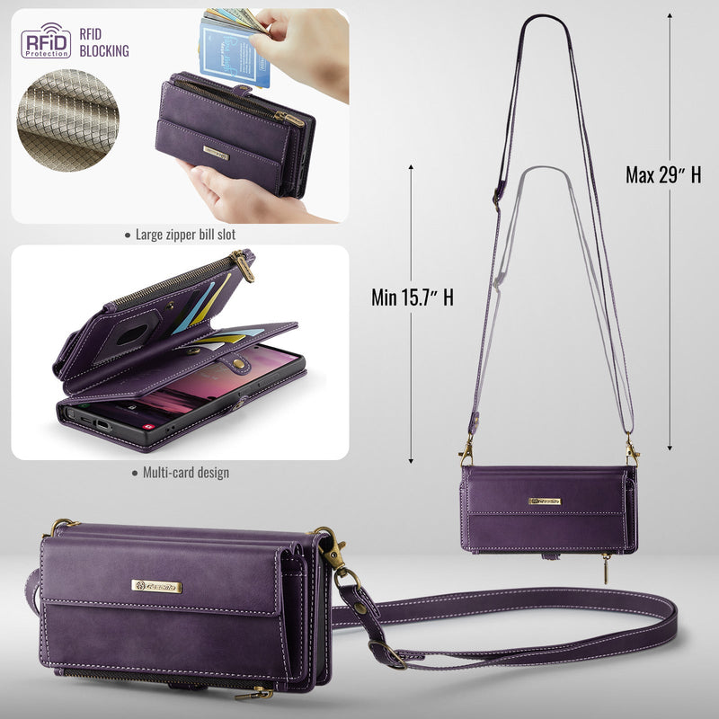 Samsung Galaxy S23 Ultra Crossbody Case with Strap, Card Slots & Zipper Pocket [Purple]