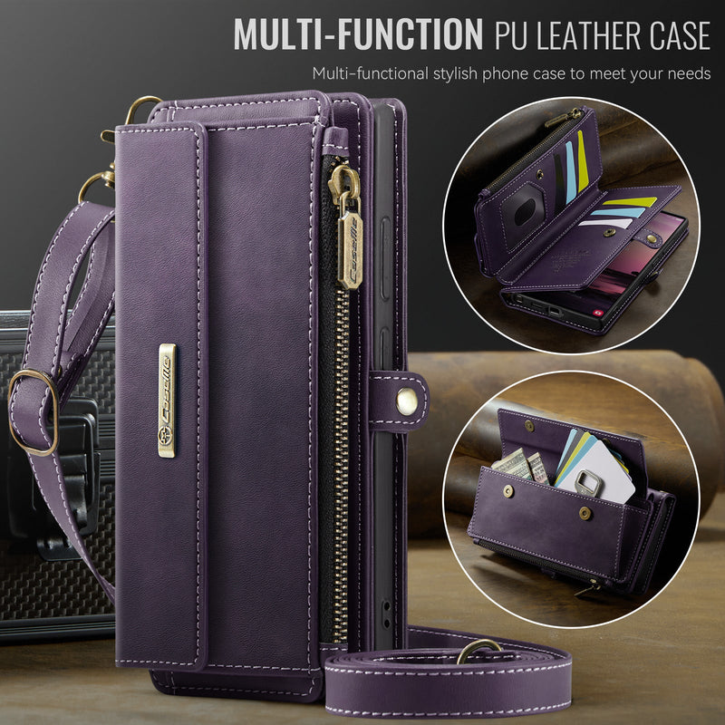 Samsung Galaxy S23 Ultra Crossbody Case with Strap, Card Slots & Zipper Pocket [Purple]