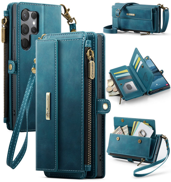 Samsung Galaxy S23 Ultra Crossbody Case with Strap, Card Slots & Zipper Pocket [Teal]