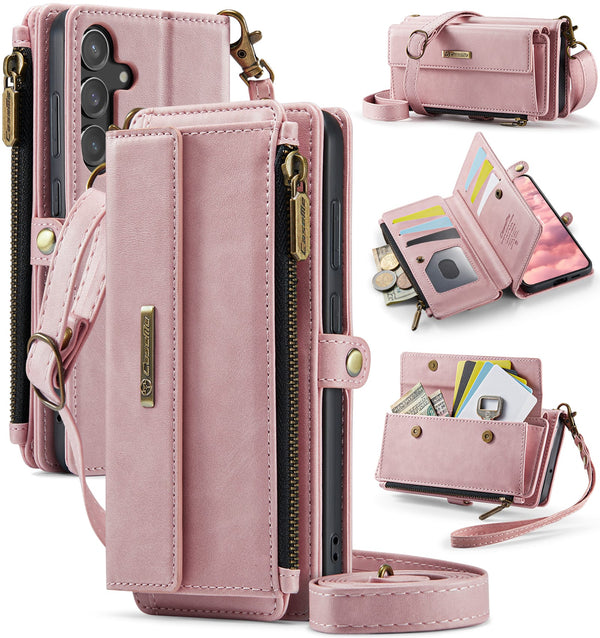 Samsung Galaxy S23 FE Crossbody Case with Strap, Card Slots & Zipper Pocket [Pink]