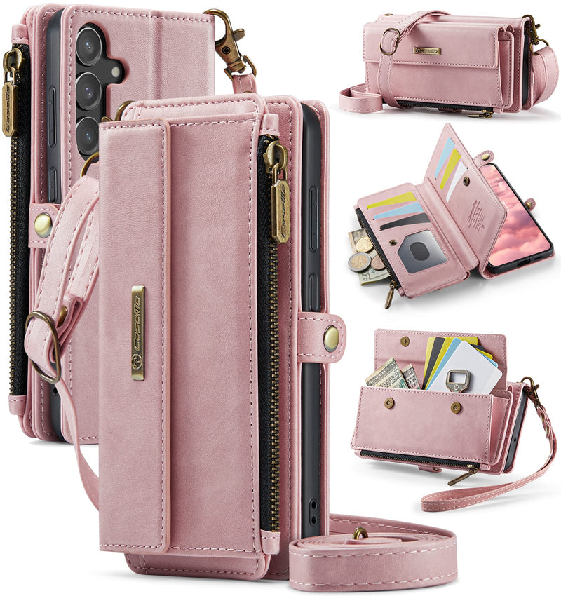 Samsung Galaxy S23 FE Crossbody Case with Strap, Card Slots & Zipper Pocket [Pink]