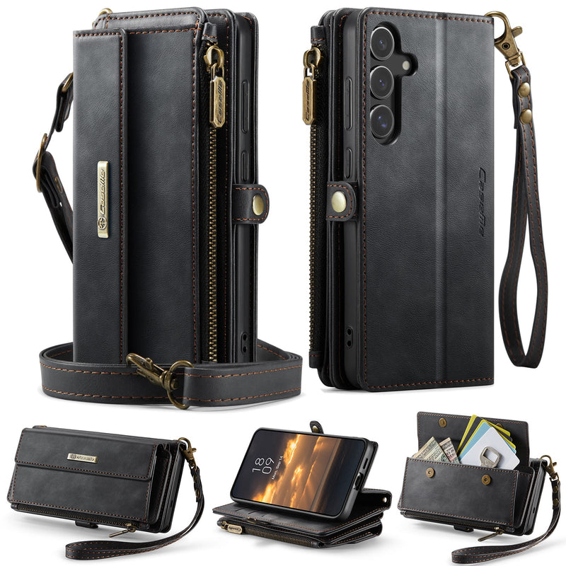 Samsung Galaxy S24 FE Crossbody Case with Strap, Card Slots & Zipper Pocket [Black]