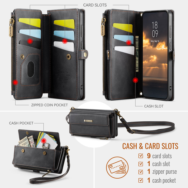 Samsung Galaxy S24 Plus Crossbody Case with Strap, Card Slots & Zipper Pocket [Black]