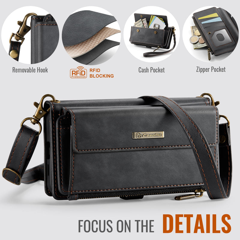 Samsung Galaxy S24 Plus Crossbody Case with Strap, Card Slots & Zipper Pocket [Black]