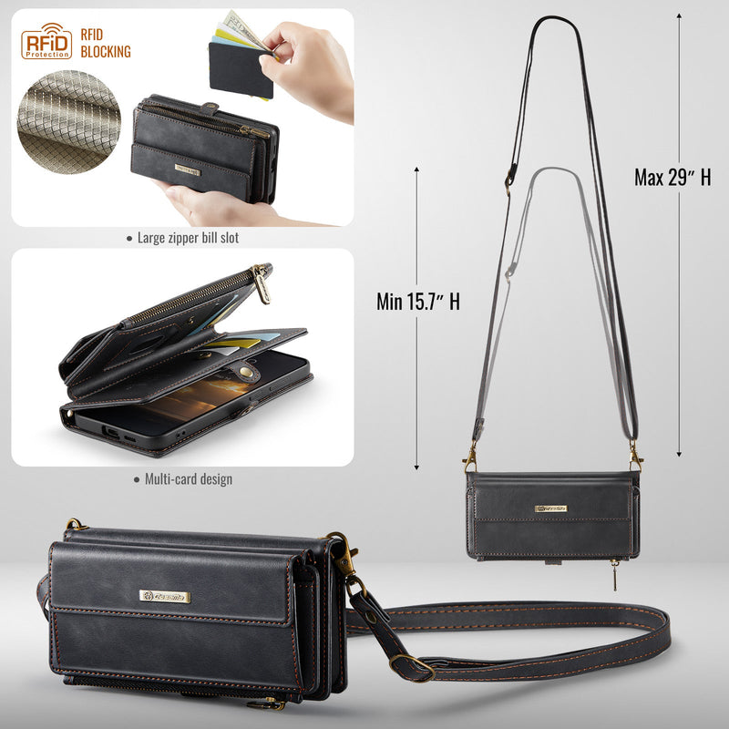 Samsung Galaxy S24 Plus Crossbody Case with Strap, Card Slots & Zipper Pocket [Black]