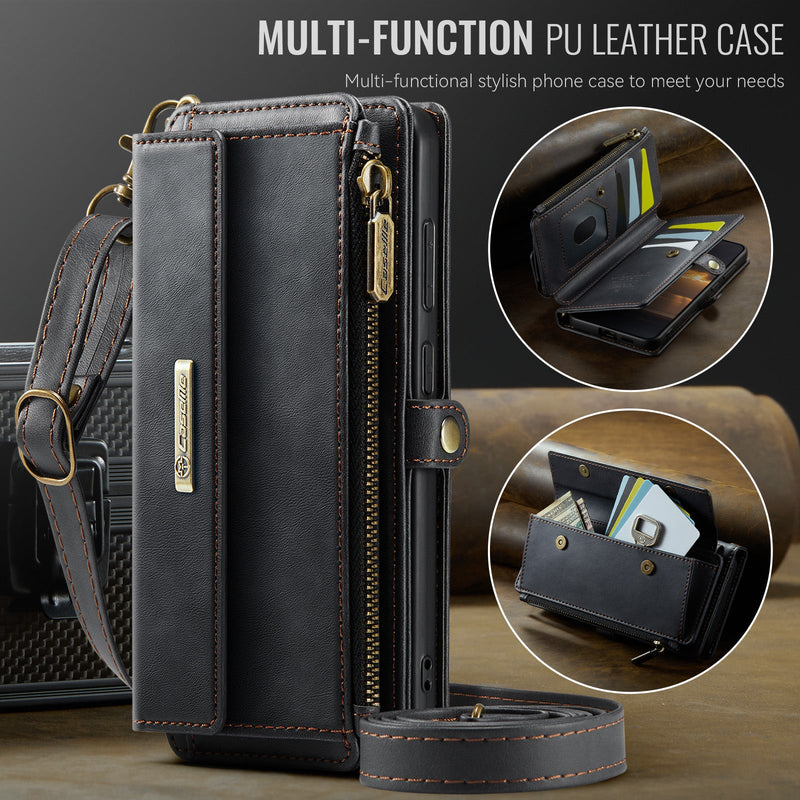 Samsung Galaxy S24 FE Crossbody Case with Strap, Card Slots & Zipper Pocket [Black]