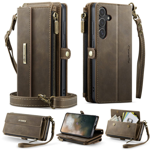 Samsung Galaxy S24 Plus Crossbody Case with Strap, Card Slots & Zipper Pocket [Coffee]