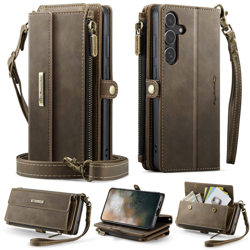 Samsung Galaxy S24 Plus Crossbody Case with Strap, Card Slots & Zipper Pocket [Coffee]