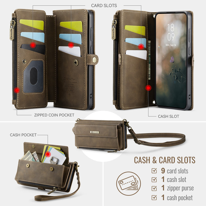 Samsung Galaxy S24 Crossbody Case with Strap, Card Slots & Zipper Pocket [Coffee]