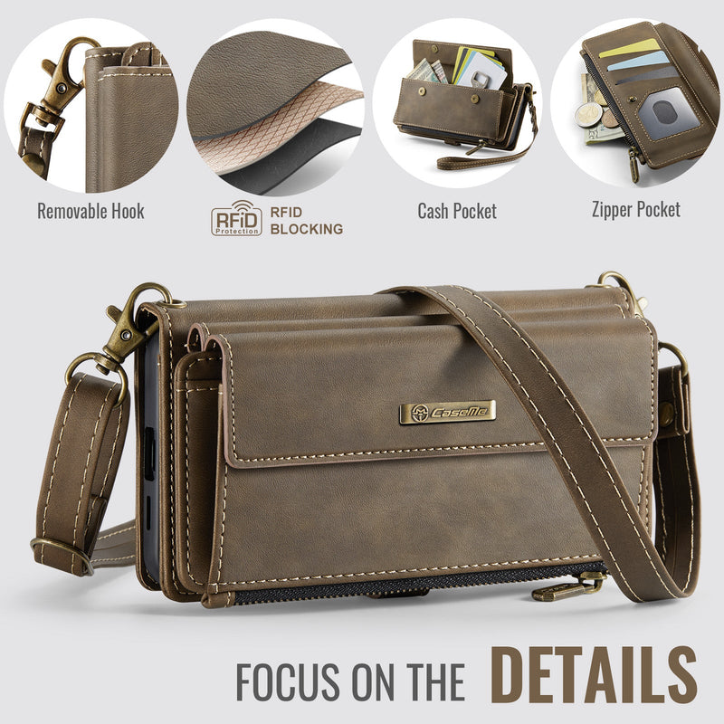 Samsung Galaxy S24 Crossbody Case with Strap, Card Slots & Zipper Pocket [Coffee]