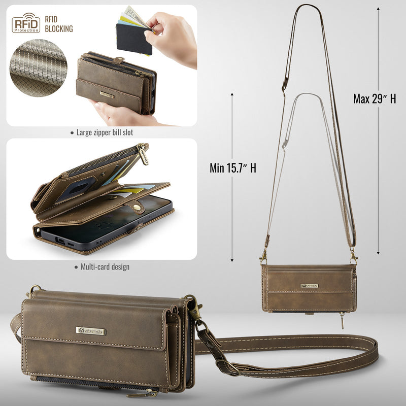 Samsung Galaxy S24 FE Crossbody Case with Strap, Card Slots & Zipper Pocket [Coffee]