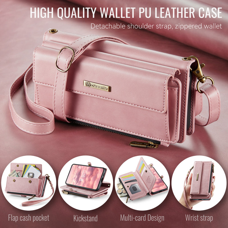 Samsung Galaxy S24 Plus Crossbody Case with Strap, Card Slots & Zipper Pocket [Pink]