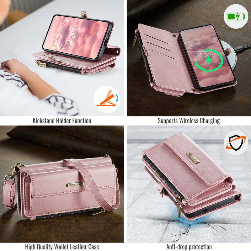 Samsung Galaxy S24 FE Crossbody Case with Strap, Card Slots & Zipper Pocket [Pink]