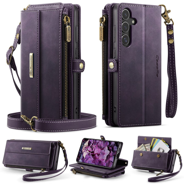 Samsung Galaxy S24 FE Crossbody Case with Strap, Card Slots & Zipper Pocket [Purple]