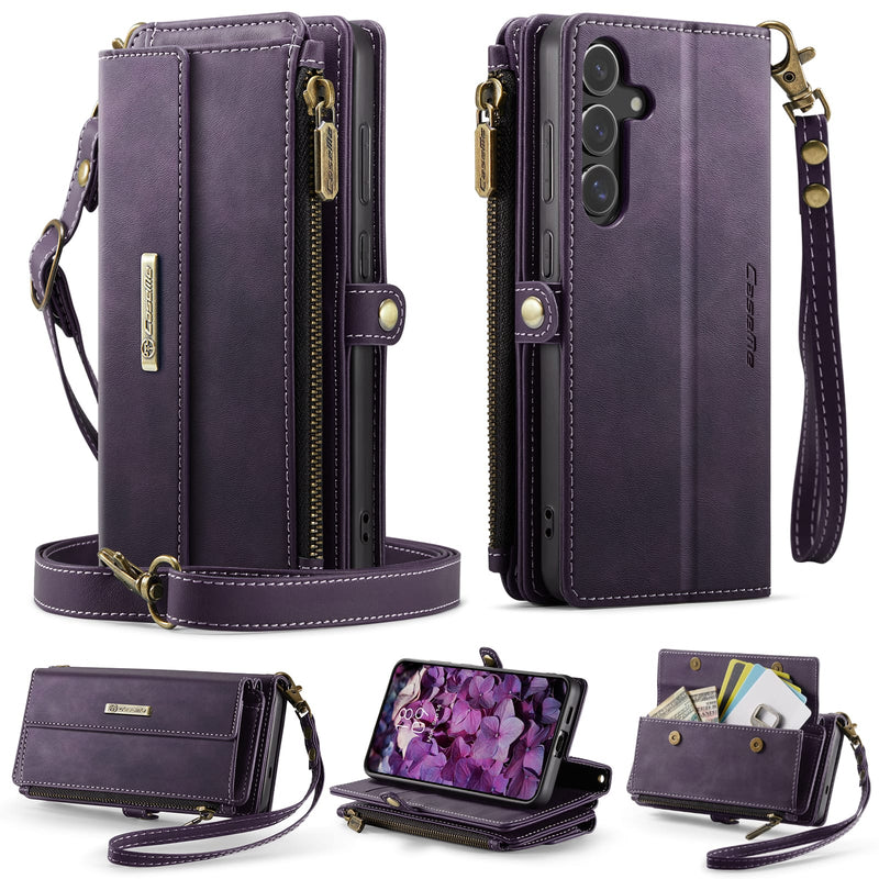 Samsung Galaxy S24 FE Crossbody Case with Strap, Card Slots & Zipper Pocket [Purple]