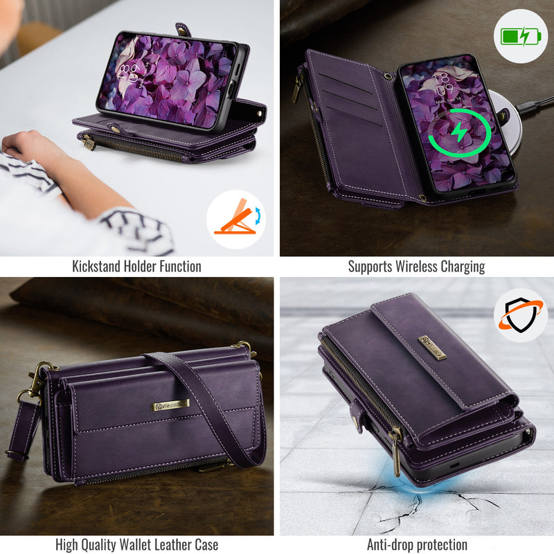 Samsung Galaxy S24 Crossbody Case with Strap, Card Slots & Zipper Pocket [Purple]