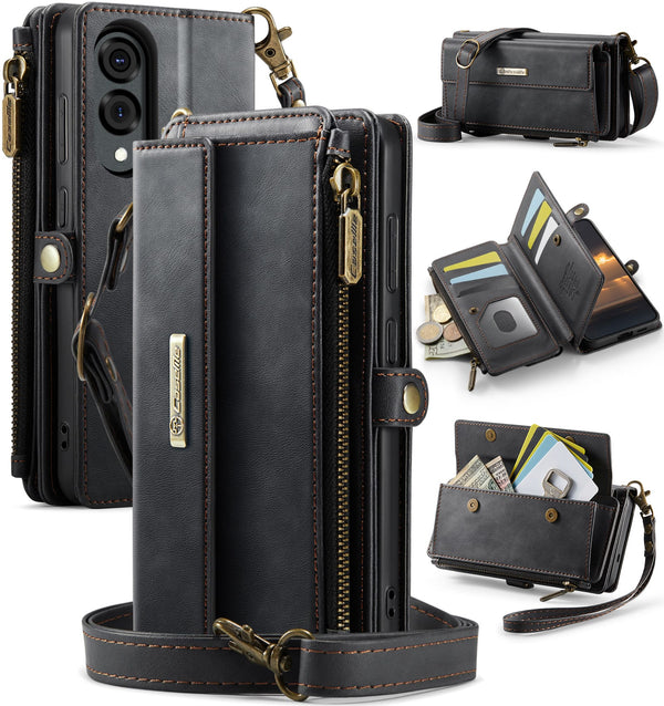 Samsung Galaxy S25 Edge Crossbody Case with Strap, Card Slots & Zipper Pocket [Black]