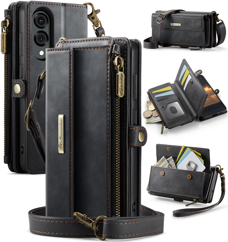 Samsung Galaxy S25 Edge Crossbody Case with Strap, Card Slots & Zipper Pocket [Black]