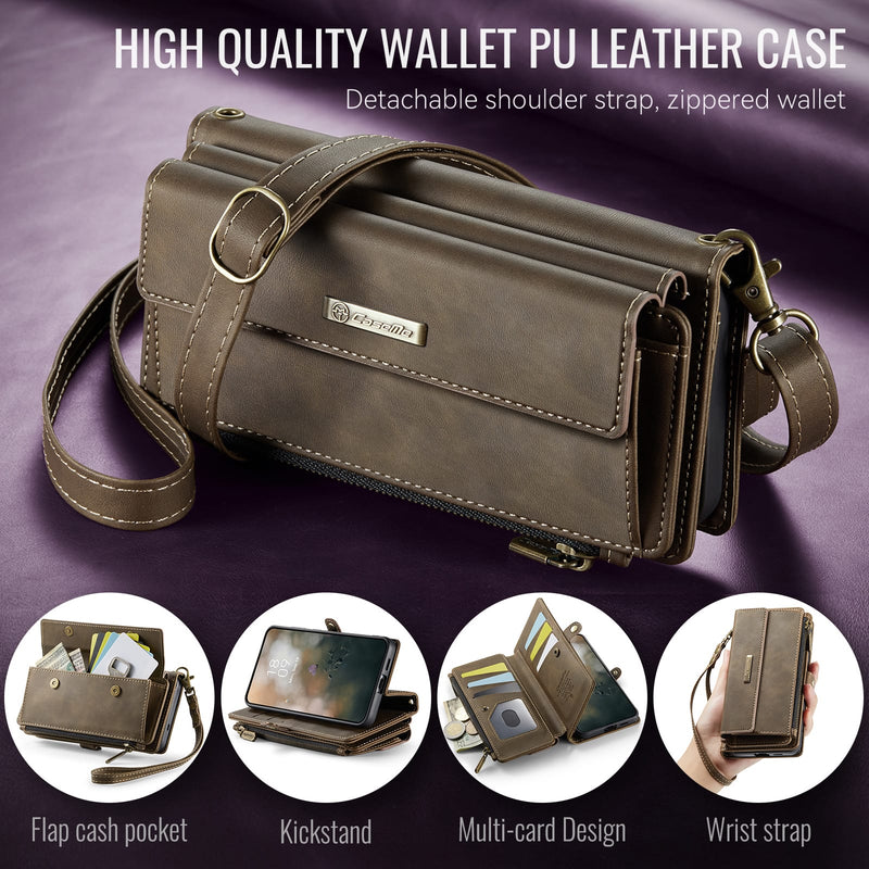 Samsung Galaxy S25 Edge Crossbody Case with Strap, Card Slots & Zipper Pocket [Coffee]