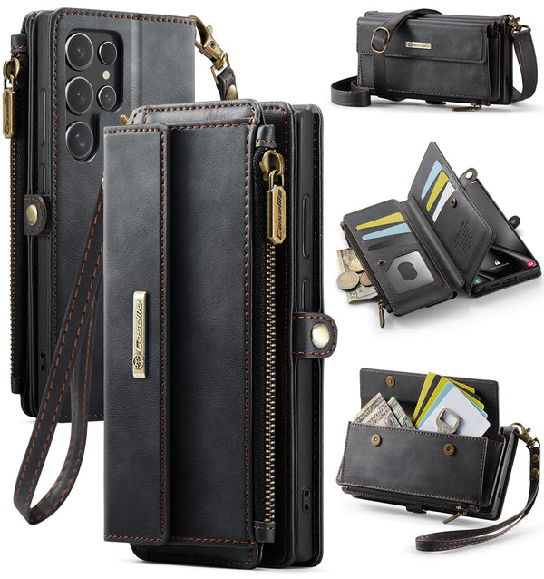 Samsung Galaxy S25 Ultra Crossbody Case with Strap, Card Slots & Zipper Pocket [Black]