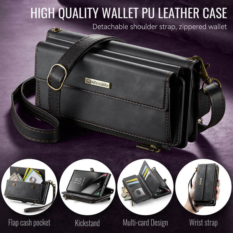 Samsung Galaxy S25 Ultra Crossbody Case with Strap, Card Slots & Zipper Pocket [Black]