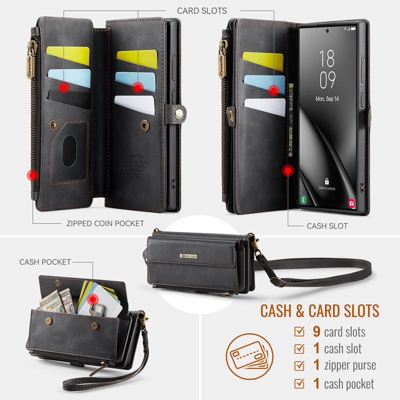 Samsung Galaxy S25 Ultra Crossbody Case with Strap, Card Slots & Zipper Pocket [Black]