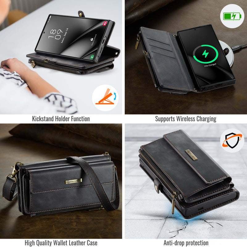 Samsung Galaxy S25 Ultra Crossbody Case with Strap, Card Slots & Zipper Pocket [Black]