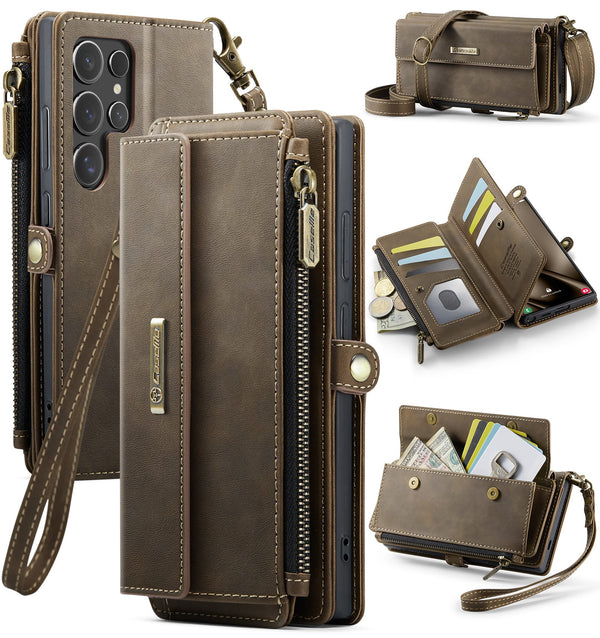 Samsung Galaxy S25 Ultra Crossbody Case with Strap, Card Slots & Zipper Pocket [Coffee]