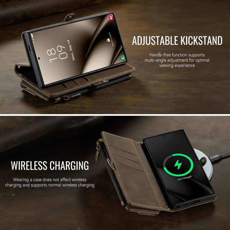 Samsung Galaxy S25 Ultra Crossbody Case with Strap, Card Slots & Zipper Pocket [Coffee]