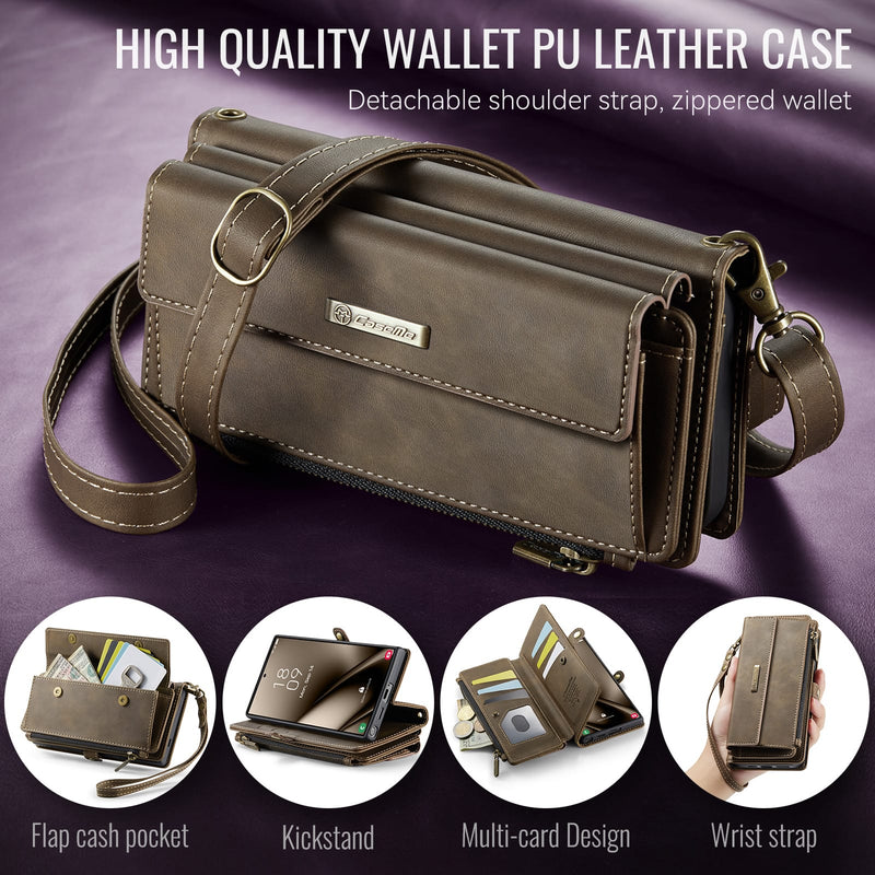 Samsung Galaxy S24 Ultra Crossbody Case with Strap, Card Slots & Zipper Pocket [Coffee]