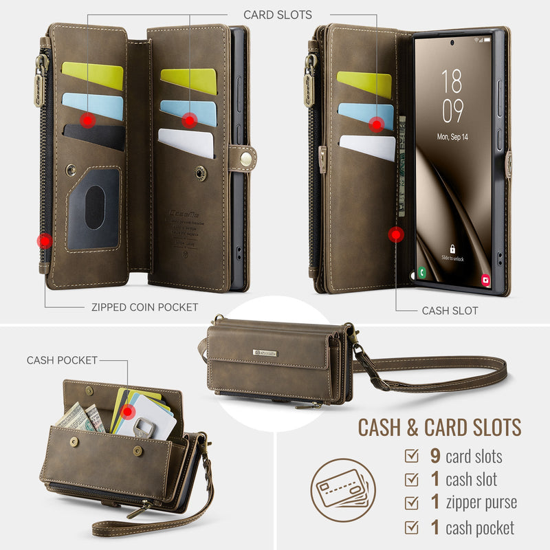 Samsung Galaxy S25 Ultra Crossbody Case with Strap, Card Slots & Zipper Pocket [Coffee]