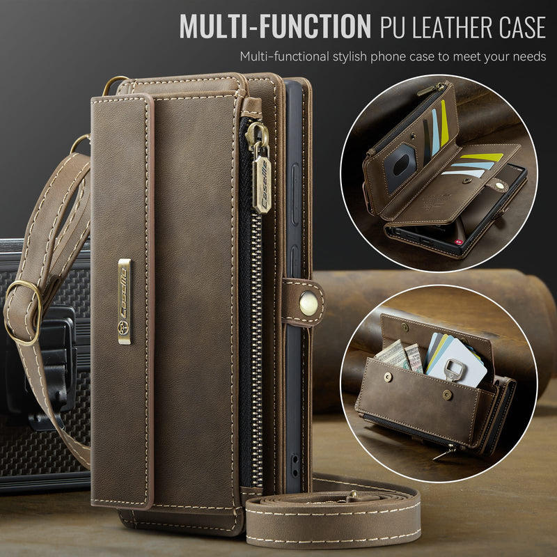 Samsung Galaxy S24 Ultra Crossbody Case with Strap, Card Slots & Zipper Pocket [Coffee]